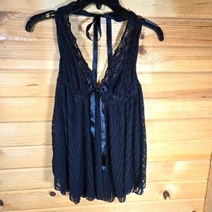 Satin Lace Baby Doll Chemise Halter Tie Neck Black Sheer Womens Medium Sexy